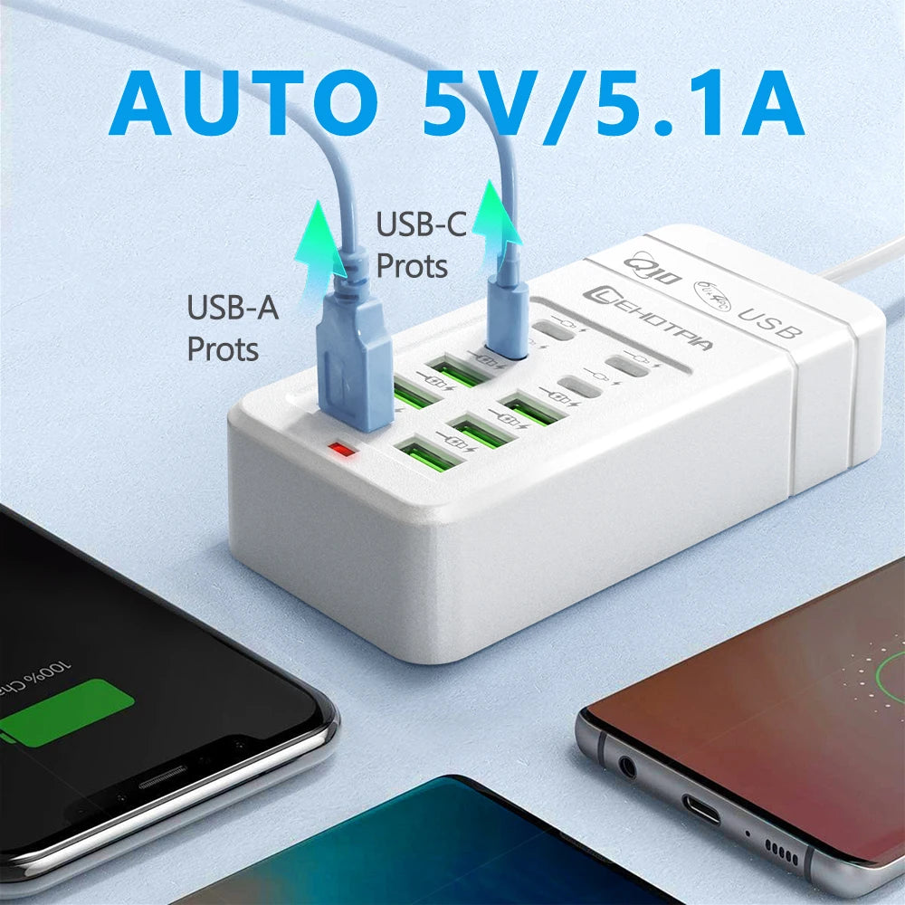 Chargeur USB rapide Multiple, prise ue UK US, adaptateur d'alimentation, rallonge de 1.2m, 6 USB-A 4 USB-C, Portable pour téléphone Portable