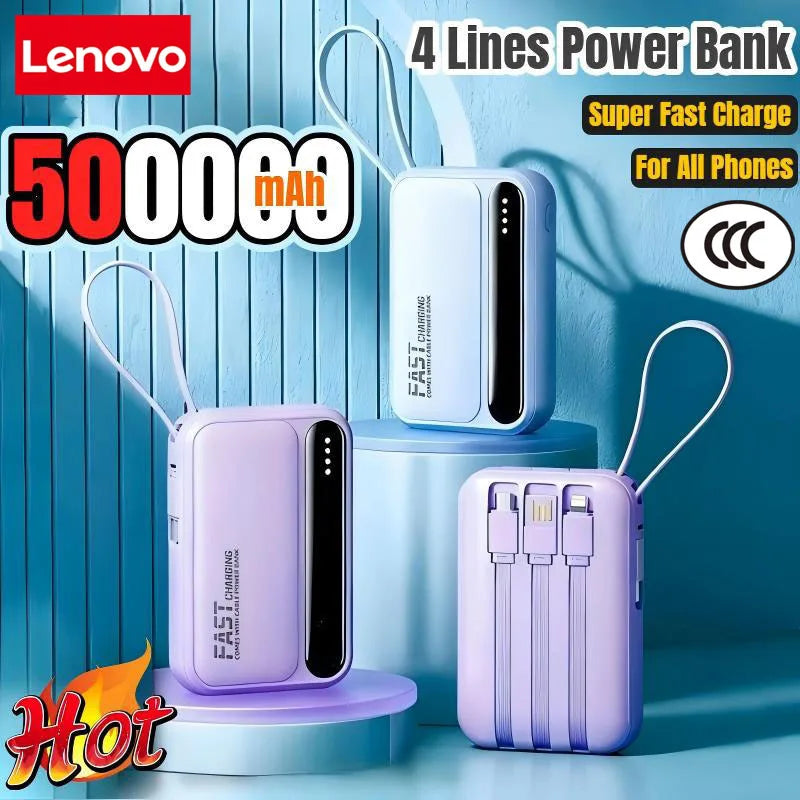 Batería externa Lenovo 120W 500000mAh de gran capacidad con 4 cables en 1, pantalla digital inteligente, batería portátil ligera para iPhone, nueva