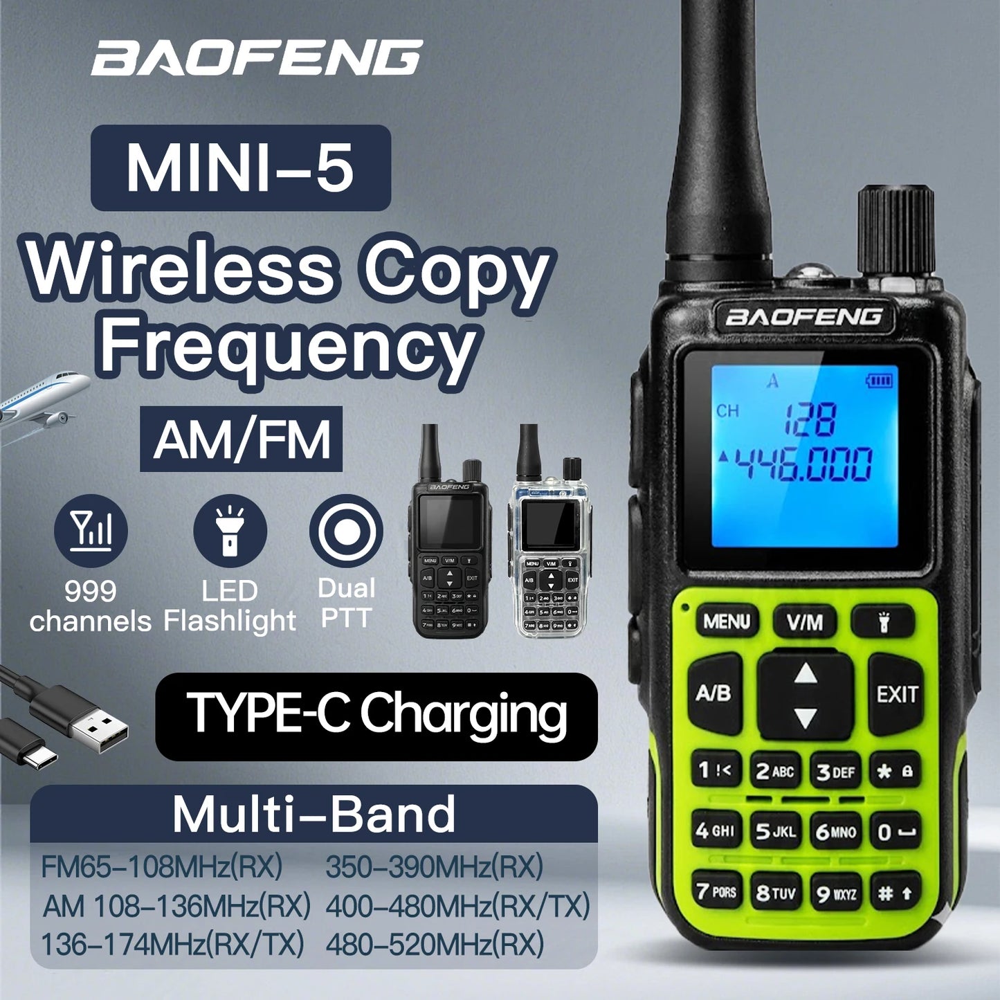 Mini talkie-walkie Baofeng MINI-5, double bande UV, Bluetooth, FM, sélection de fréquence à un bouton, idéal pour les voyages.