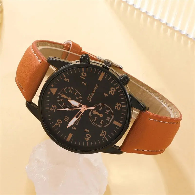 New Men Luxury Watch Bracelet Set Business Fashion Brown Leather Quartz Watches for Men Gift Relogio Masculino
