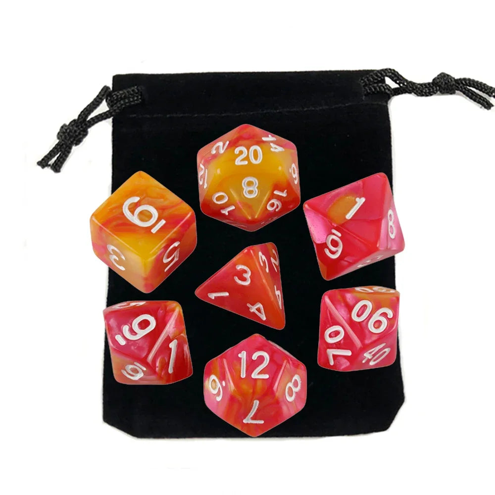 Dés polyédriques avec sac — jeu de société, jeu de rôle, d4, d6, d8, d10, d12, d20, 7 pièces