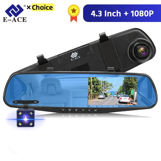 E-ACE Dashcam Car DVR 4.3 Inch Mirror FHD 1080P Camera Optional Dual Lens DVR Rearview Mirror Dash Cam Auto Video Recorder