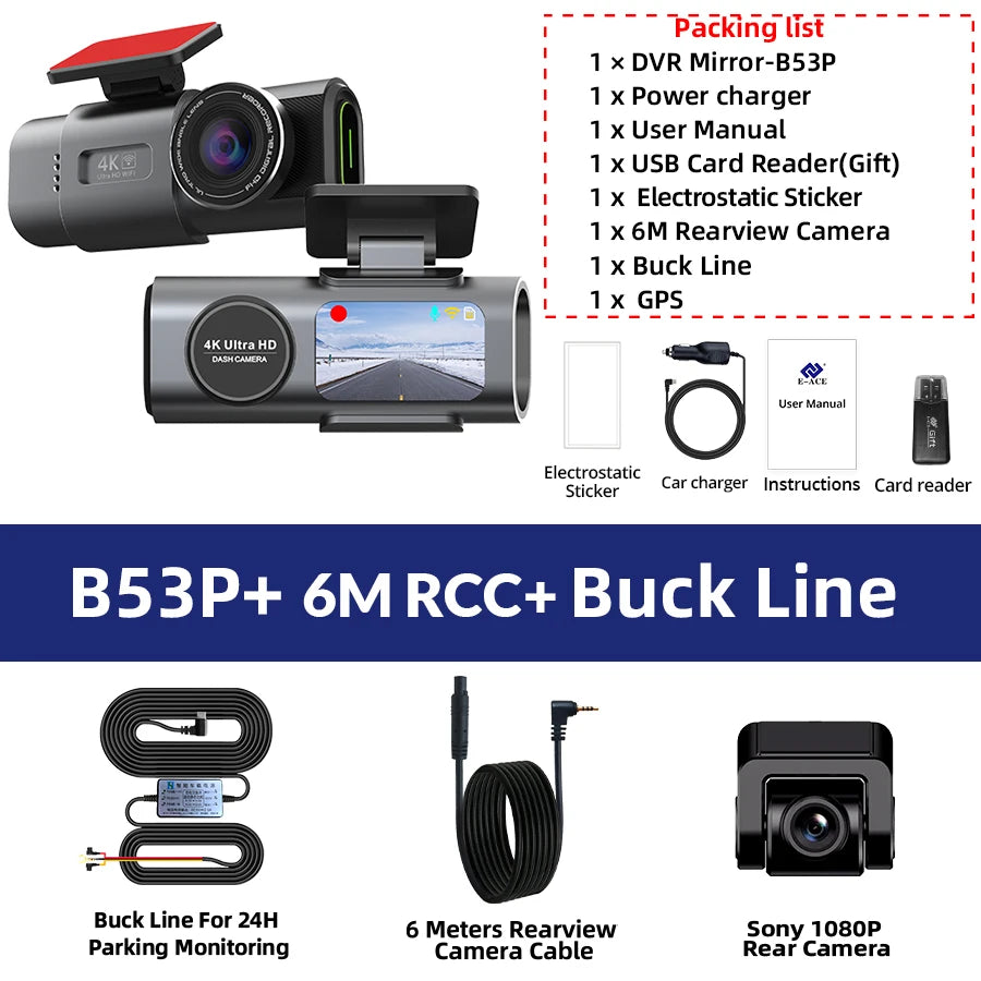 4K Dash Cam GPS WIFI APP 24H Night Vision Optional Mini Rear Lens Car Dashcam DVR Video Recorder Car Camera Black Box