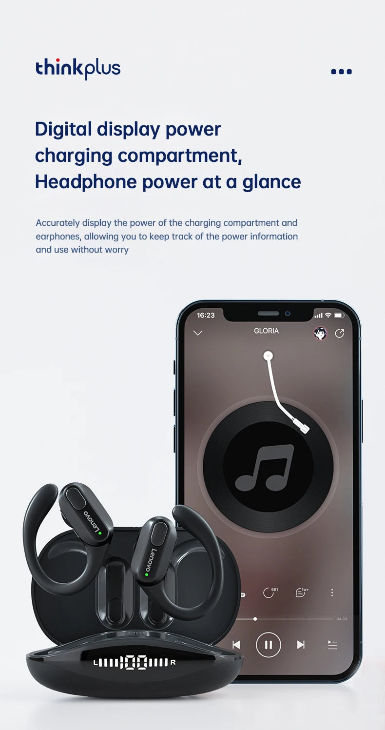 Lenovo XT80 – Auriculares deportivos inalámbricos, con micrófonos, control de botón, pantalla de alimentación LED, sonido estéreo de alta fidelidad, auriculares con traductor de IA