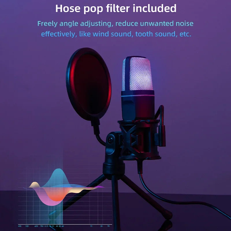 Microphone USB RGB à condensateur avec réduction de bruit – Micro gaming pour podcast et studio