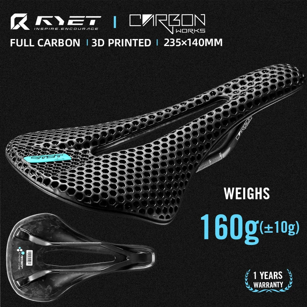 Selle vélo carbone 3D imprimée 140mm — rail rond, super légère, route, VTT, course