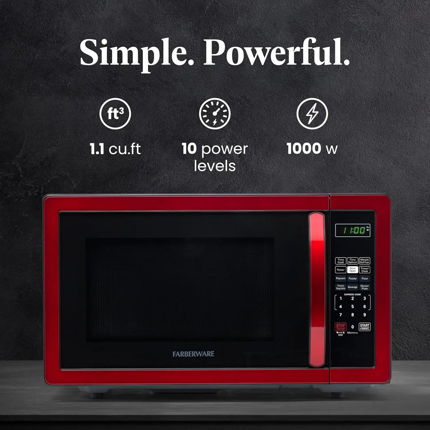 1,1 Cu. Pied. Micro-ondes de comptoir – 1000 W, cuisson automatique, dégivrage, facile à nettoyer, verrouillage pour enfants, rouge métallisé