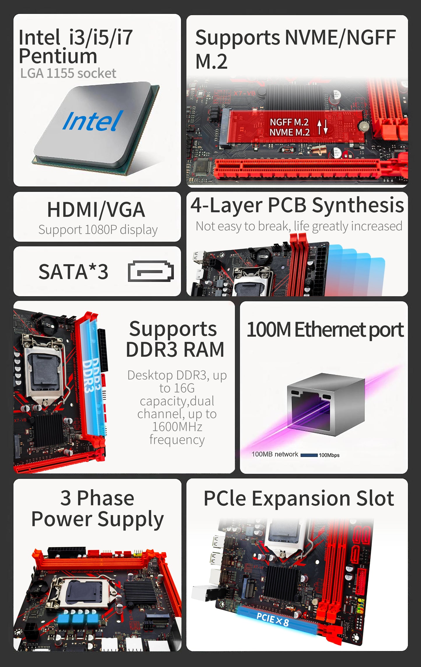 ZSUS H61 carte mère LGA 1155 cartes mères de bureau prenant en charge la RAM DDR3 avec Interface NVME M.2 USB2.0 SATA2.0
