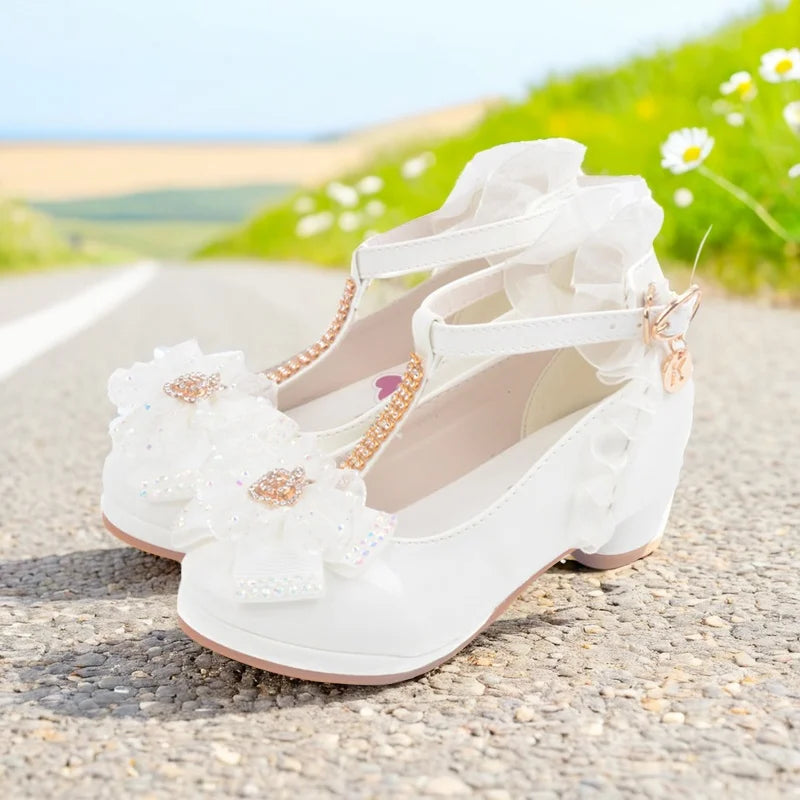 Sandales filles talon haut en cuir rose — boucle, sangle, nœud papillon, taille 26-37, chaussures enfant
