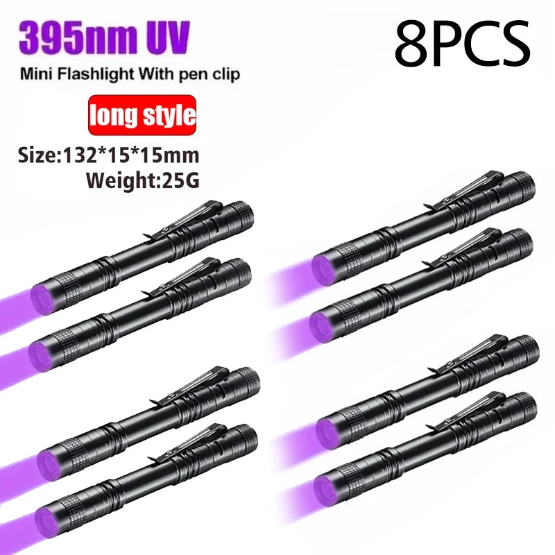 Linterna UV 395nm, antorcha ultravioleta con clip para bolígrafo, pilas AAA portátiles usadas, luz morada, detector de orina de mascotas y escorpiones, lámpara UV