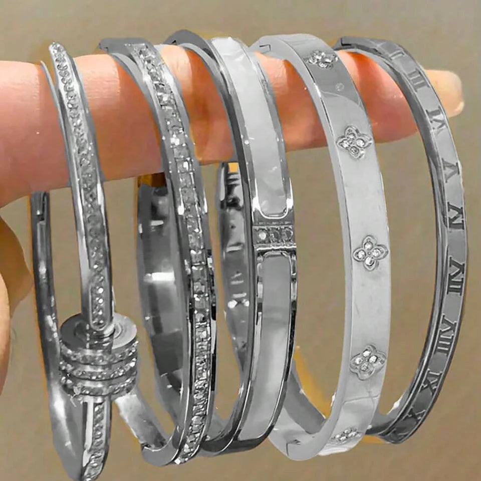 ZAKOL 5/1 piezas conjunto de pulseras de acero inoxidable con incrustaciones de circonita brillante para mujer, brazaletes apilables de moda que no se decoloran, joyería de regalo