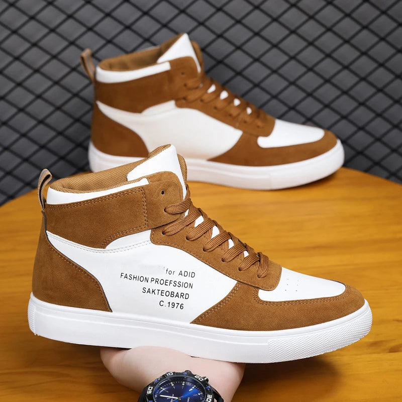 Men's Leather Skateboard Shoes, High-Top Sneakers, Casual Sports Shoes, Street Shoes, Flat Walking Shoes