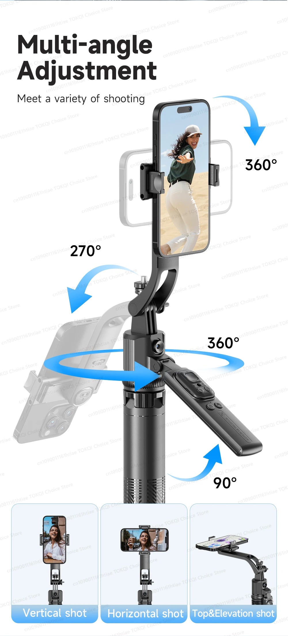 TOKQI C17 – Trépied selfie 360° avec suivi IA automatique, télécommande et lumière de remplissage