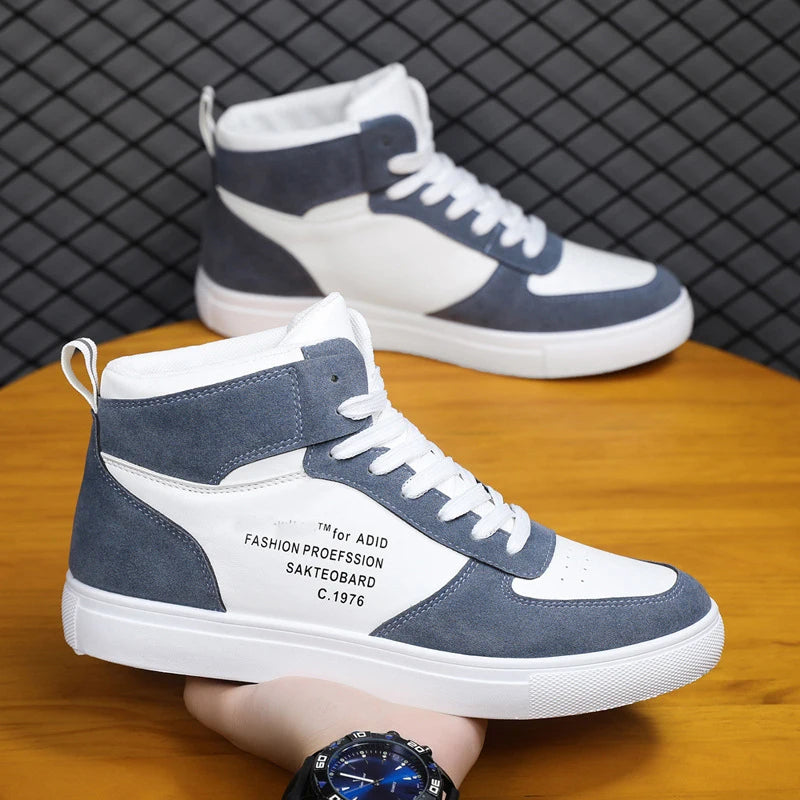 Men's Leather Skateboard Shoes, High-Top Sneakers, Casual Sports Shoes, Street Shoes, Flat Walking Shoes