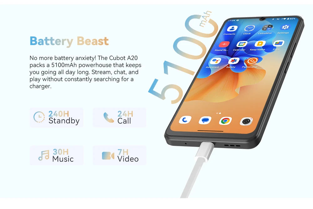 Cubot A20 Smartphone Android 14 — 12 Go RAM, 128 Go, Écran 6,74" 90Hz, 5100 mAh, 48 MP, 4G