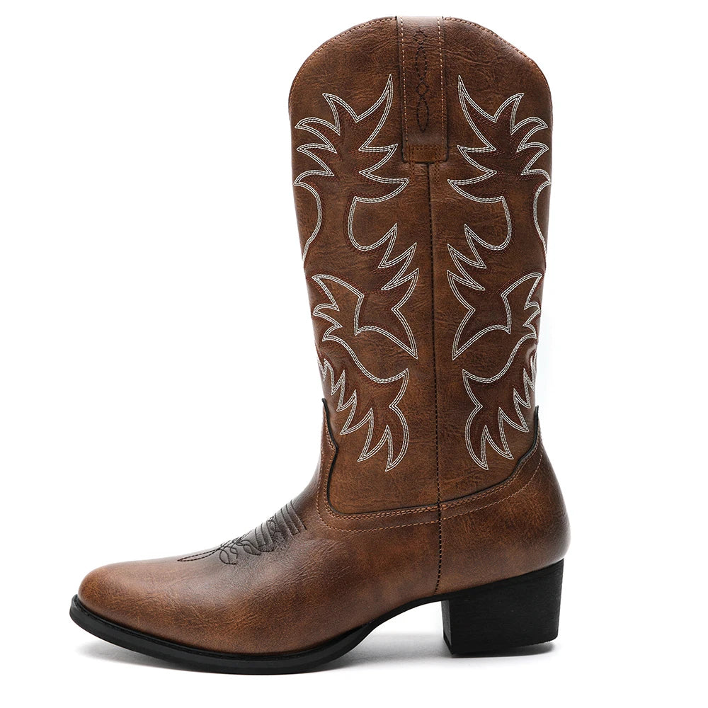 Mioeert Men's Heritage Round Toe Wooden Heel Embroidered Western Cowboy Boots Zapatillas Hombre Luxury Men's Shoes