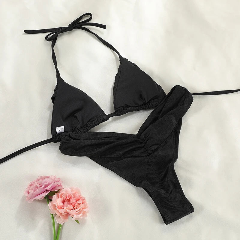 Sexy plis Bikini ensemble solide Micro Bikinis femmes maillot de bain femme Triangle maillots de bain vêtements de plage maillot de bain