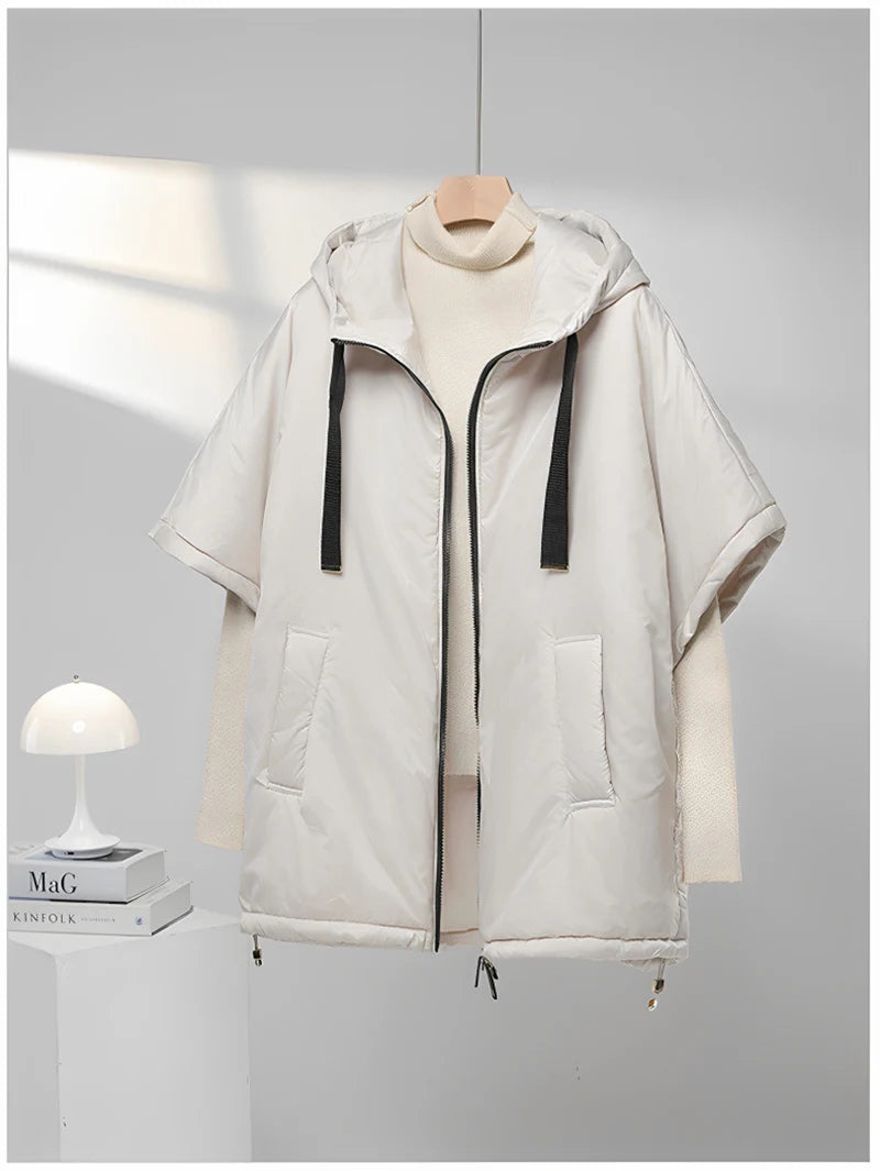 Chaleco de mujer Schinteon camel tipo capa de plumas con capucha holgado sin mangas, chaleco sólido de moda, chaqueta de otoño invierno 2025 nuevo