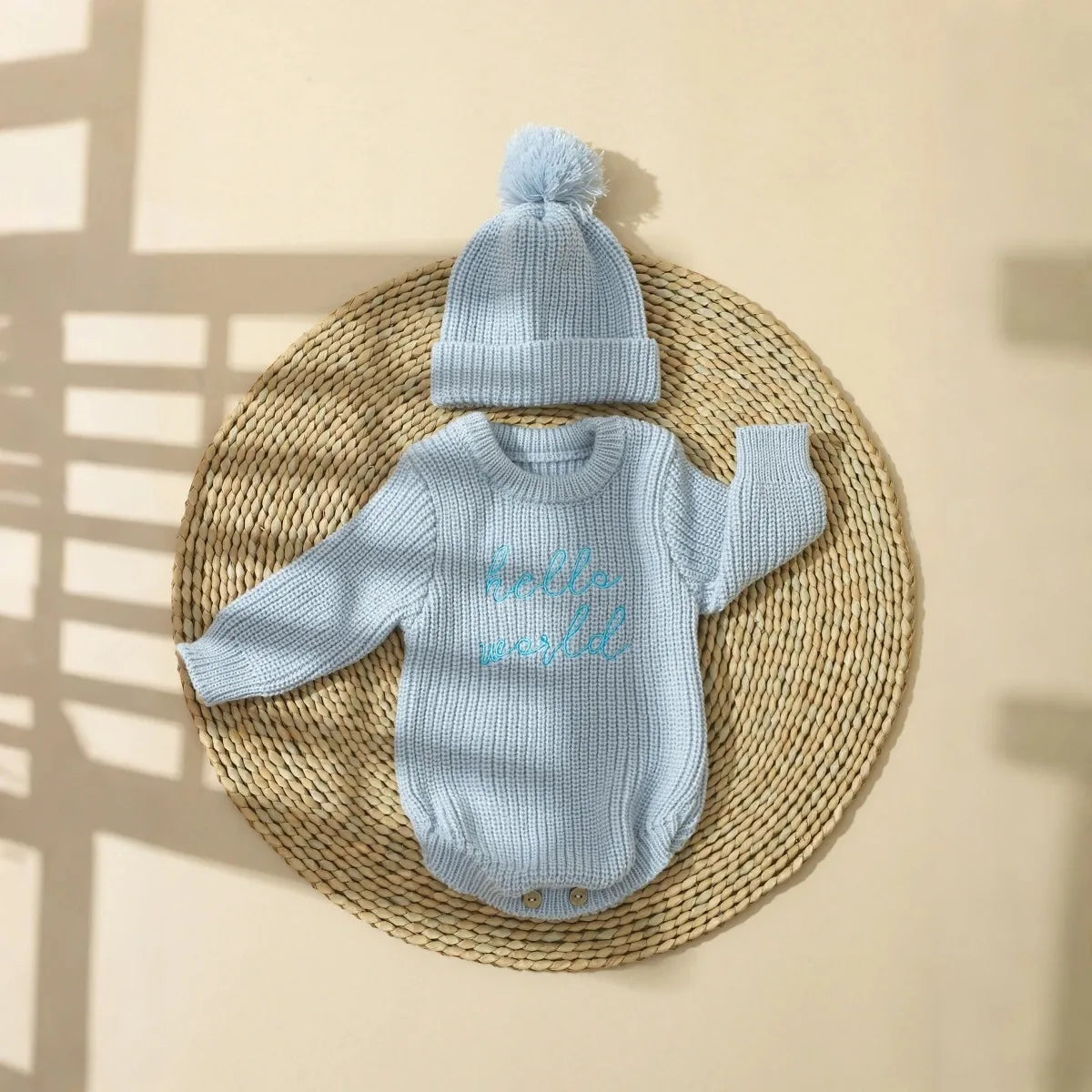 Barboteuse tricotée pour nouveau-né — chapeau à pompon, pull bébé garçon et fille, séance photo HD (v5)