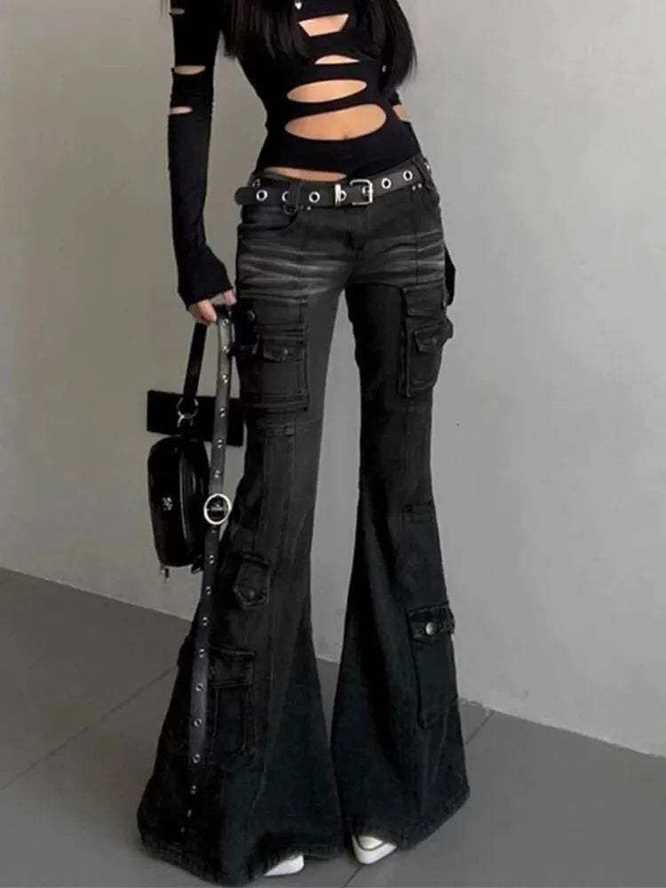 2025 Cyber Y2K Streetwear Vintage Black Slim Flare Cargo Jeans Pants Women's Clothing Multi-Pocket Lady Trousers