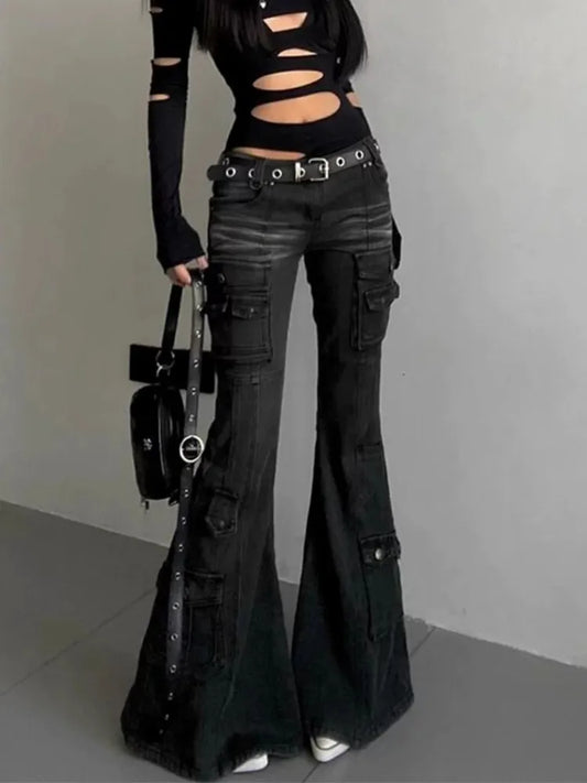 2025 Cyber Y2K Streetwear Vintage Black Slim Flare Cargo Jeans Pants Women's Clothing Multi-Pocket Lady Trousers