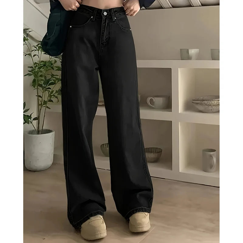 Pantalones vaqueros de mujer de talle alto, estilo urbano, de diseñador, de pierna ancha, gris clásico, gótico, de corte recto, moda