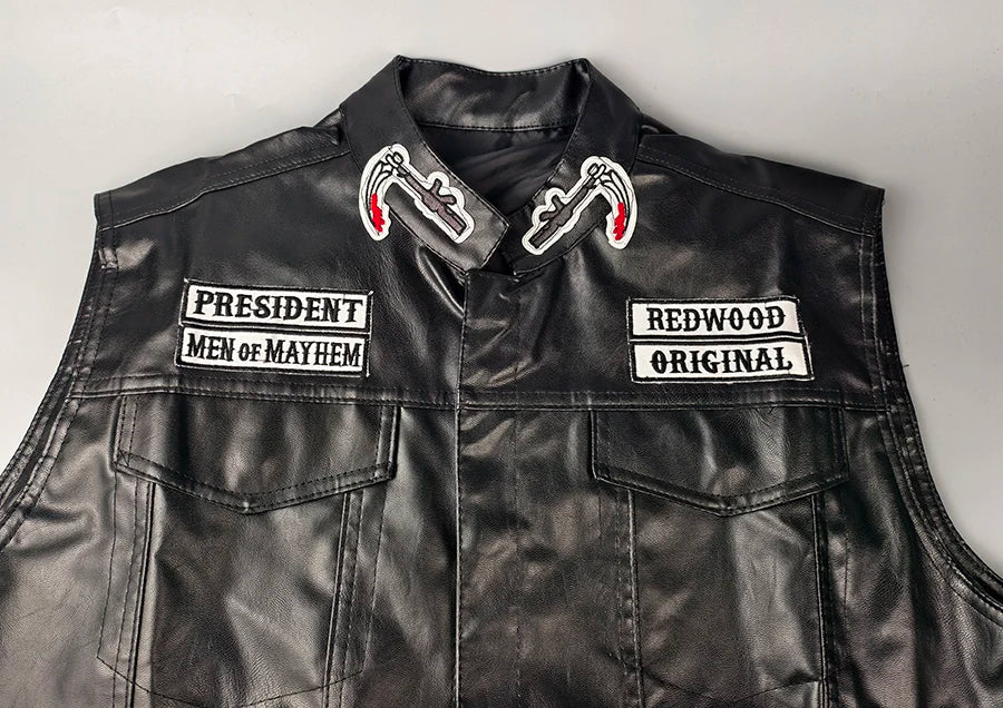 Gilet moto en cuir pour homme — punk, noir, printemps, veste biker