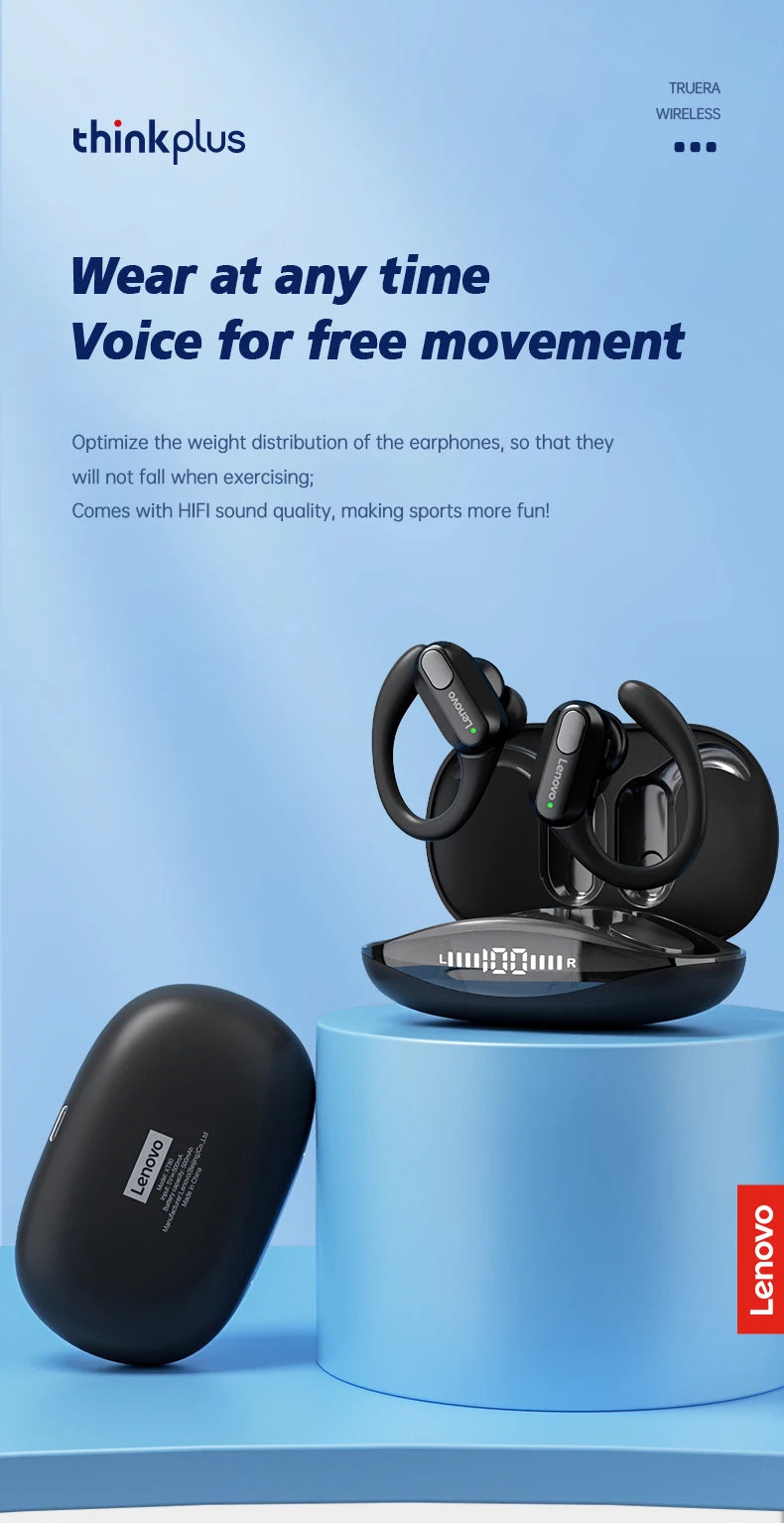 Lenovo XT80 – Auriculares deportivos inalámbricos, con micrófonos, control de botón, pantalla de alimentación LED, sonido estéreo de alta fidelidad, auriculares con traductor de IA