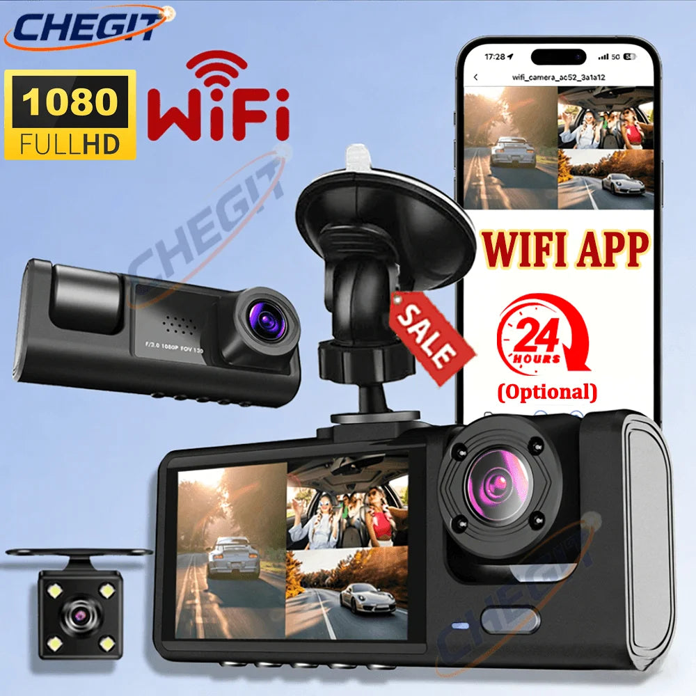 1080P WiFi Coche DVR 2/3 Cámaras DashCam para Coches Cámara de Vehículo Grabador de Vídeo Delantero Opcional Cámara Trasera Visión Nocturna Dashcam