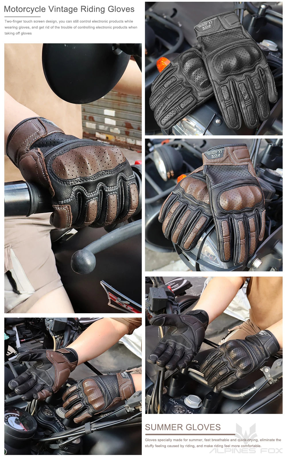 Gants moto en cuir marron vintage pour homme — certification CE, écran tactile, motocross, course