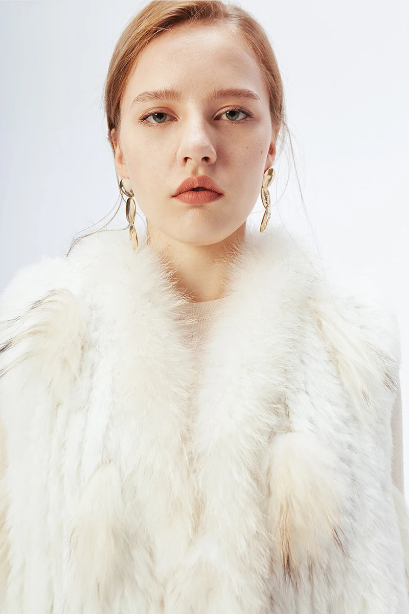 Gilet à glands en véritable fourrure de lapin tricoté — vintage, garniture fourrure raton laveur