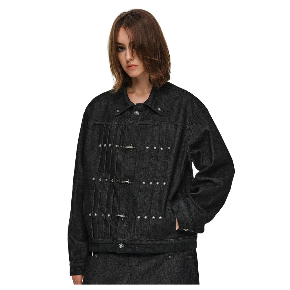 Chaqueta de mezclilla corta con hebilla de avión para hombres, con botones turquesa de moda Streetwear Hip Hop, chaqueta de mezclilla unisex para primavera y otoño, abrigo de vaquero