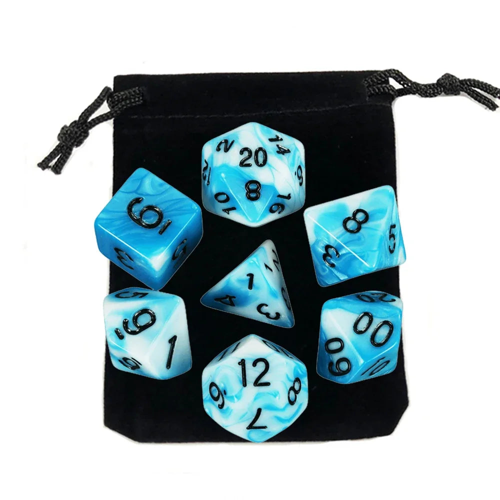 Dés polyédriques avec sac — jeu de société, jeu de rôle, d4, d6, d8, d10, d12, d20, 7 pièces