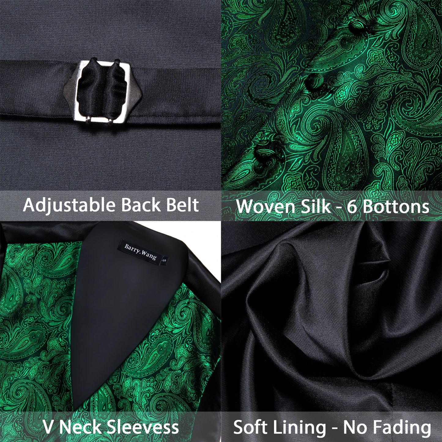 Gilet pour homme vert Paisley Floral slim — sans manches, formel, cravate, pochette assortie
