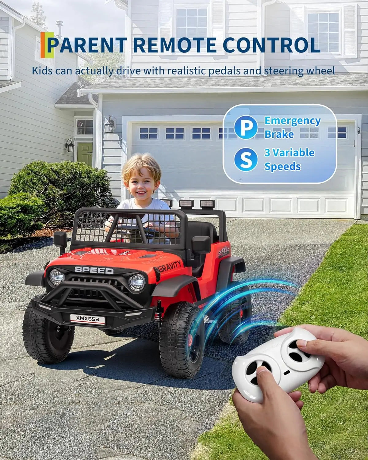 Coche camión para niños de 12V con control remoto parental, 3 velocidades, freno de emergencia, luces LED, música y bocina, vehículos eléctricos para niños