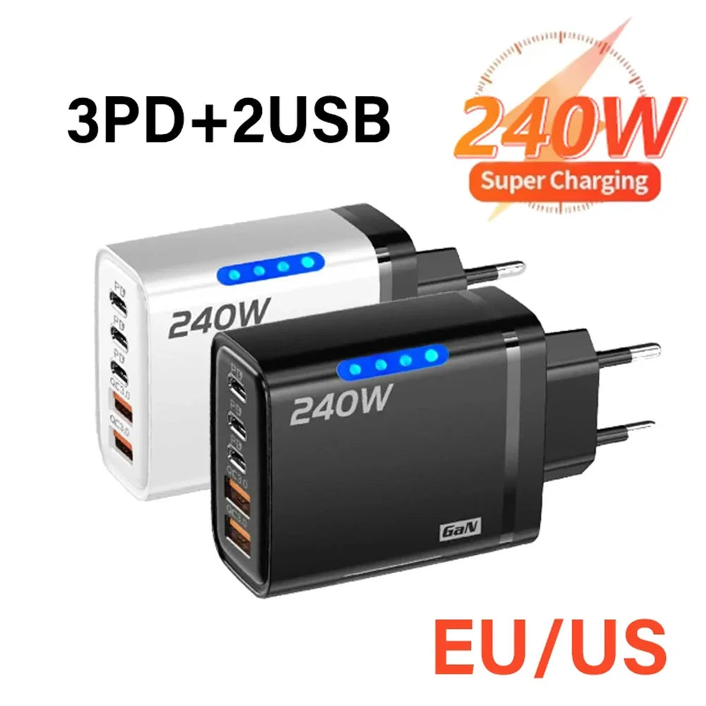 Chargeur de téléphone GaN 5 en 1 240W, adaptateur de charge rapide 10A, câble USB vers Type C, 3 ports PD, 2 ports USB, pour iPhone 16 15 Pro, Xiaomi