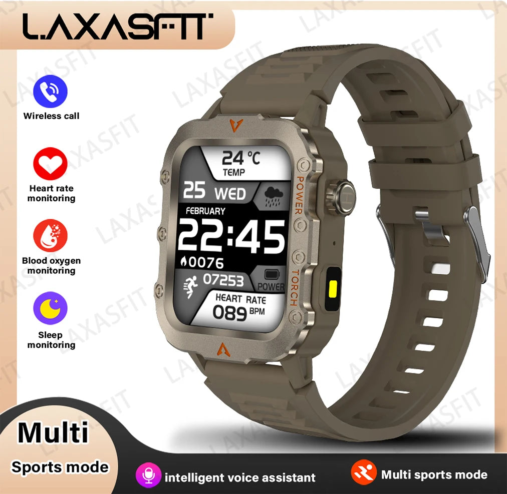 LAXASFIT nuevo reloj inteligente para hombre con linterna LED, reloj inteligente deportivo para exteriores, reloj de pulsera con monitoreo de salud