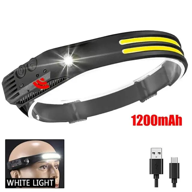 Lampe frontale de sauna à induction LED COB, batterie intégrée, lampe de poche aste USB, capteur de pêche, camping en plein air