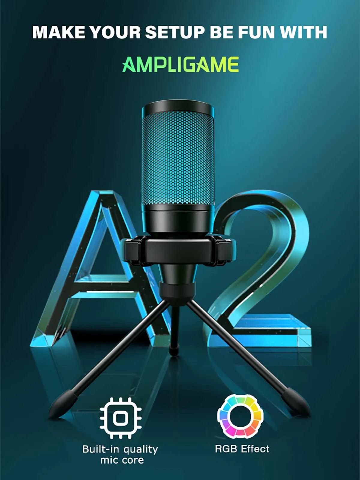FIFINE AmpliGame A2 – Microphone USB gaming RGB avec sourdine tactile et trépied pour PC, PS4/5 et laptop
