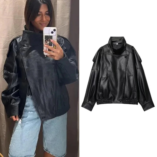 TFMLN – Women's Chic Black Faux Leather Jackets, Oversized Elastic Long Sleeve Button Coats, Autumn Winter Fashion 2025