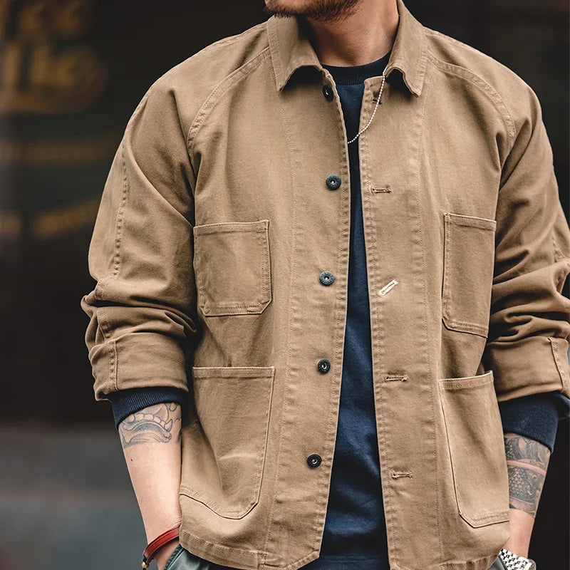 Veste vintage décontractée pour hommes — revers en coton, style rétro américain, 4 poches, vêtements d'extérieur