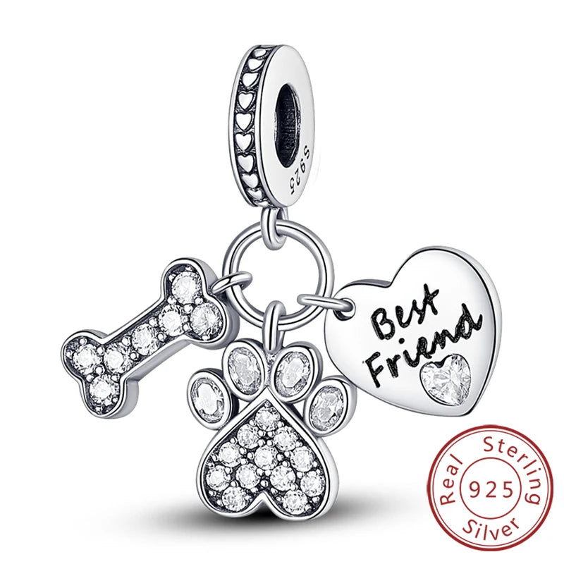 Abalorios de plata de ley 925 con huellas de perro, gato, corazón, animales, abalorios que se ajustan a pulseras, collares, colgantes, joyas para mujer, para hacer tú mismo
