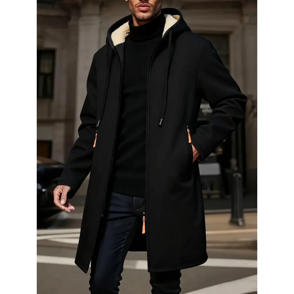 Abrigo largo cálido de invierno para hombre, chaqueta con cremallera, cortavientos de lana gruesa, abrigo informal cortavientos, chaqueta con capucha de color de contraste