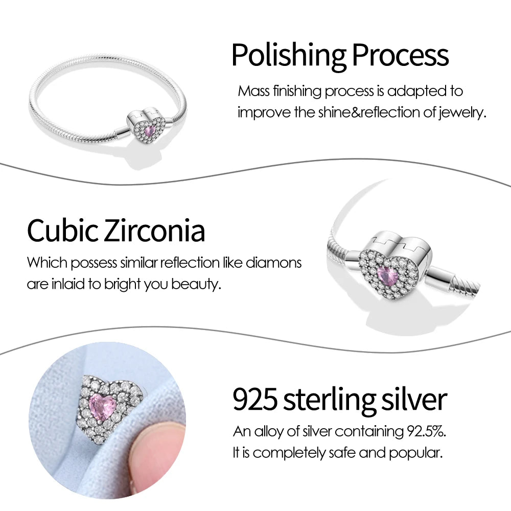 Fashion S925 Silver Plated Peach Heart Love Sparkling Zircon Bracelet for Women DIY Fit Charms Fine Beads DIY Birthday Jewelry