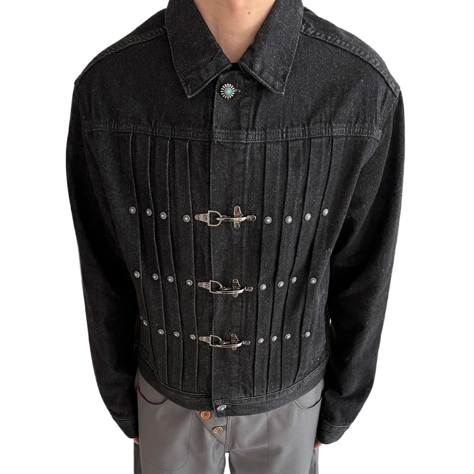 Chaqueta de mezclilla corta con hebilla de avión para hombres, con botones turquesa de moda Streetwear Hip Hop, chaqueta de mezclilla unisex para primavera y otoño, abrigo de vaquero