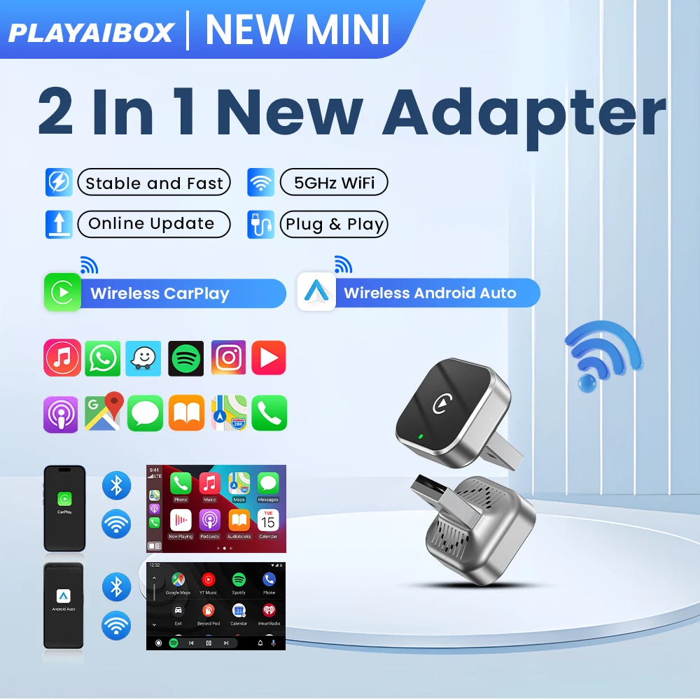 PLAYAIBOX Inalámbrico 2 en 1 CarPlay Android Auto Inalámbrico Supermini Box Adaptador Plug And Play Dongle Bluetooth WiFi Conexión Rápida