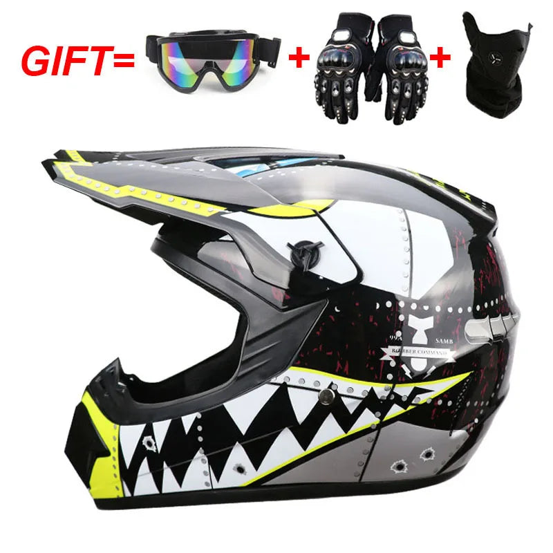Kids Full Face Motorcycle Helmet, Youth Motocross Helmets, Off-Road Goggles, Cycling Protective Gloves