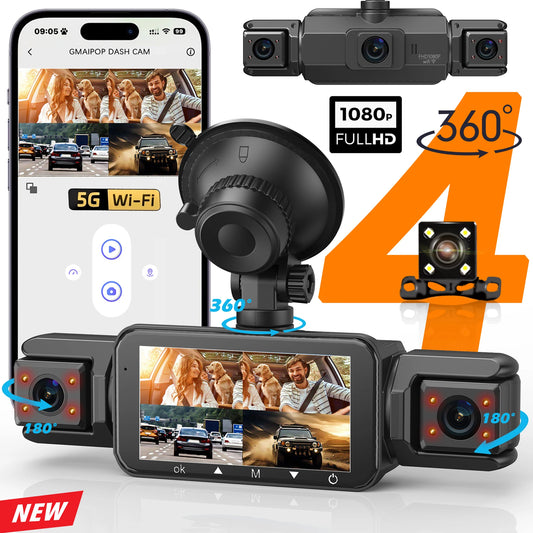 Dashcam 4 Canaux WiFi Boîte Noire — FHD 1080P Vision Nocturne Enregistrement Boucle