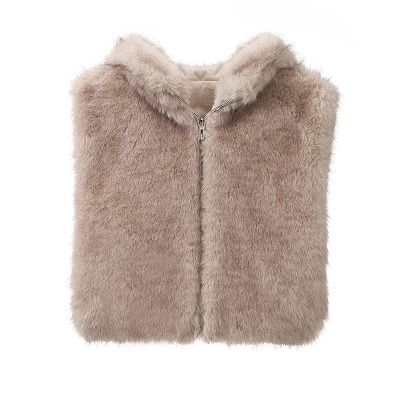 Gilet en fausse fourrure de renard pour femme — dégradé, capuche, sans manches, automne hiver