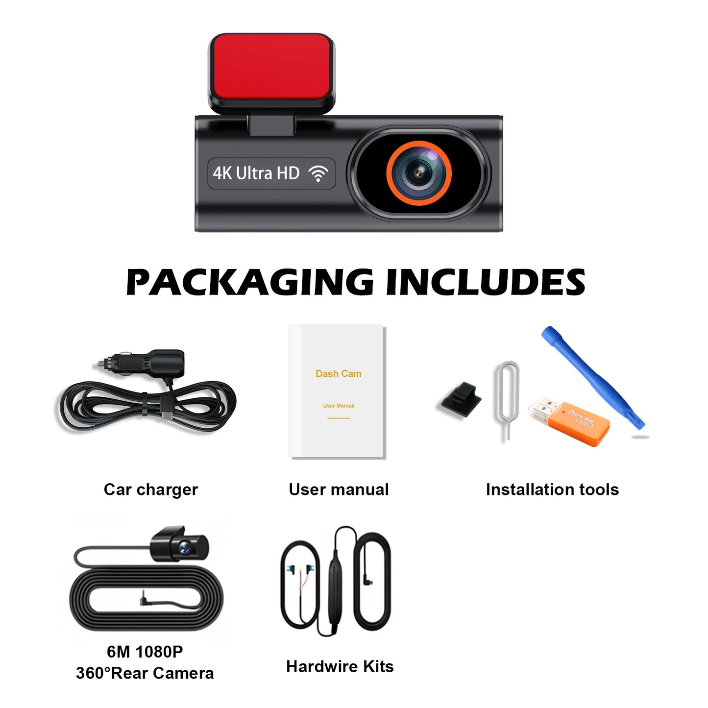 Ultra HD 4K Car Front Dash Cam, Mini WIFI DVR Black Box, with 24H Parking Monitor, Night Vision, Optional GPS/Rear View Camera